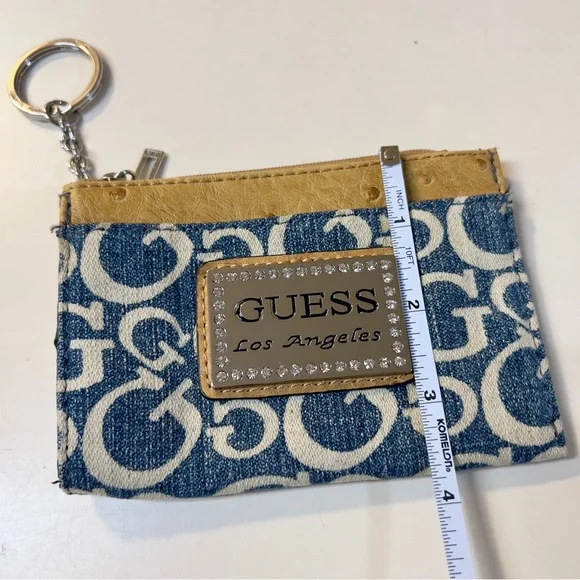 Guess Denim Blue Zipper Closure faux ostrich leather trim Keychain Coins Wallet - Picture 9 of 10
